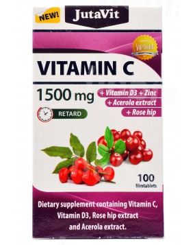 Vitaminas C 1500 mg + Vitaminas D3 + Cinkas + Erškėtuogė + Acerola (Kraštuotoji malpigija), 100 tablečių