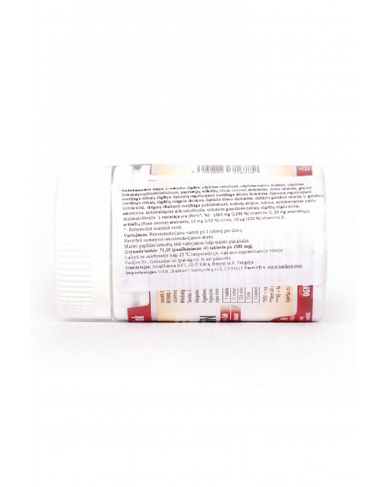 C Vitaminas + D3 + Cinkas + Erškėčių ekstraktas, 1000 mg, 45 tabletės