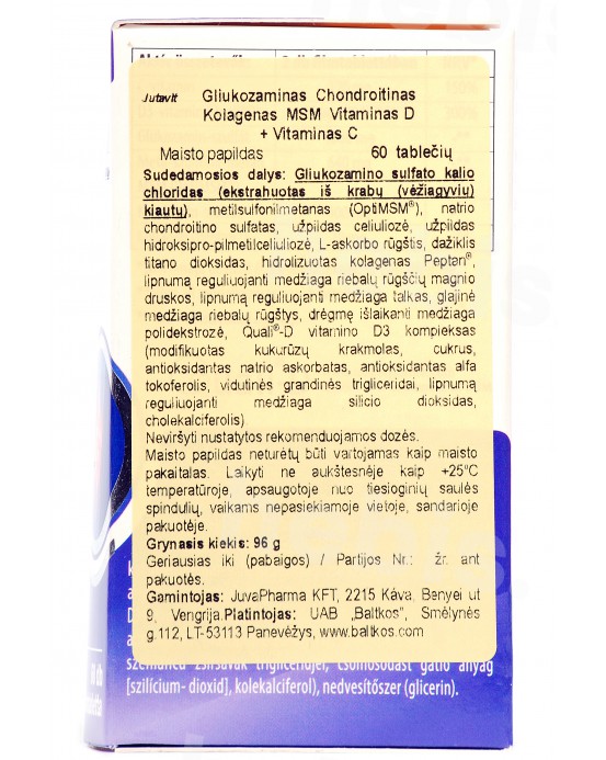 Gliukozaminas, Chondroitinas, Kolagenas, MSM, Vitaminas D + Vitaminas C, 60 tablečių