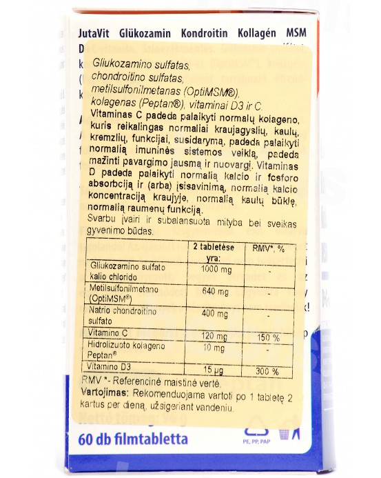 Gliukozaminas, Chondroitinas, Kolagenas, MSM, Vitaminas D + Vitaminas C, 60 tablečių