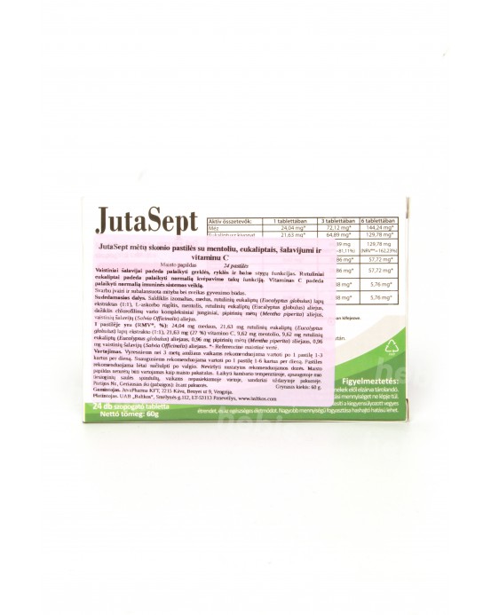JutaSept mėtų skonio pastilės su mentoliu, eukaliptais, šalavijumi ir vitaminu C, 24 vnt.