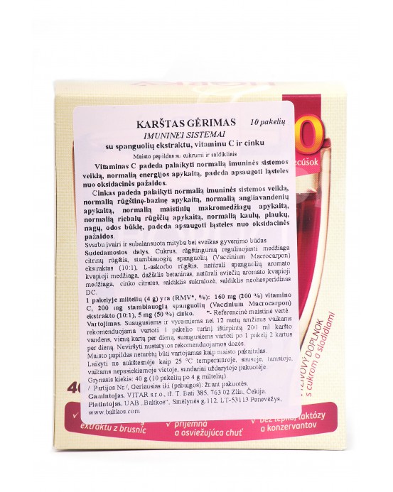 Karštas gėrimas su spanguolių ekstraktu, vitaminu C ir cinku, 10 pakelių